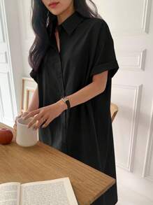 DAZY 女士宽松短袖中长款衬衫裙/连衣裙 - 黑色 - 查看 7