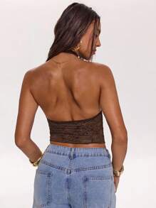 SHEIN BAE 女士纯色蕾丝拼布镂空露背短款背心，适合春夏季假期、约会、音乐节、音乐会、西部装、狂欢、性感上衣、外出 - 咖啡棕 - 查看 2