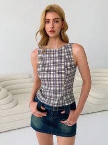SHEIN EZwear Áo kiểu nữ thời trang, hở lưng, buộc dây, thích hợp đi chơi. - Màu xanh lam - Xem 2