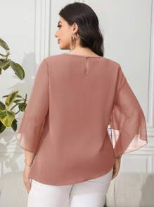 Plus Size Elegant Solid Color Flared Sleeve Shirt, For Work Chiffon Blouses For Women - Pink - View 2