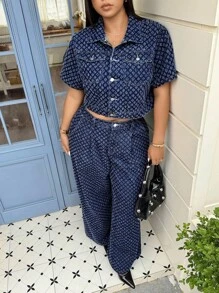 SHEIN ICON 大码女式钩针细节牛仔阔腿连体裤，春夏