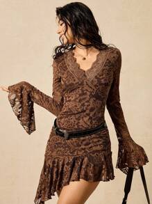 Easelle 蕾丝棕色连衣裙迷你长袖喇叭袖不对称蕾丝波西米亚风西部游牧风连衣裙喇叭长袖秋冬搭配复古 - 咖啡 - 查看 9