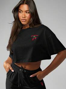 Missguided x Playboy 超大号短款 T 恤樱桃印花设计棉质街头休闲短袖宽松节日夏季春季上衣 - 黑色 - 查看 7