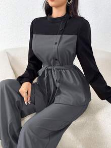 Mulvari 2 件套拼色不对称下摆休闲通勤装 2 件套 - 深灰色 - 查看 2