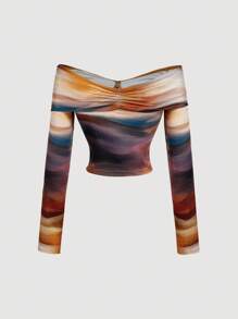 SHEIN MOD Vintage 70er Jahre Farbverlauf-Muster One-Shoulder geknotetes T-Shirt mit metallischen Akzenten - perfekt für den Boho-Stil, Western Wear, Heimkehr, Dates, Partys, Feiertage - Verschiedenfarbig - Übersicht 2