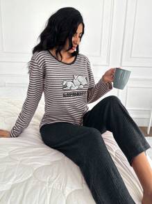 RueChic 100%Cotton Striped & Cartoon Graphic PJ Set - Baby Pink - View 1