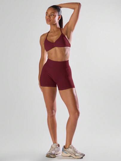 Ra Sport Solid Ruched Bust Open Back Halter Sports Bra, Active Comfy Workout Gym Running Run Club Padel, Tennis, Pickleball Fitness Fall view 5