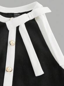 SHEIN MOD Bộ áo cánh cổ tròn không tay màu đen và trắng dành cho nữ có trang trí nút nơ và quần dài - Hoàn hảo cho phong cách quý tộc xưa, - Phong cách lấy cảm hứng từ, dạ hội, hẹn hò, tiệc tùng, ngày lễ - Đen và trắng - Xem 3