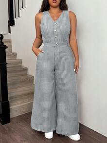 SHEIN EZwear 大码黑白千鸟格V领纽扣连体裤，休闲优雅 - 黑與白 - 查看 1