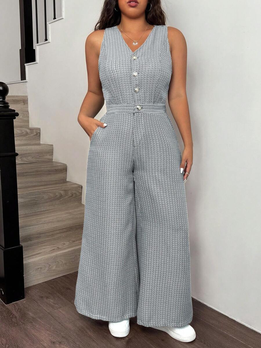 SHEIN EZwear 大码黑白千鸟格V领纽扣连体裤，休闲优雅 - 黑與白 - 查看 1