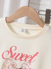 Conjunto de sudadera de manga larga con estampado de letras y lazos y pantalones de puño acanalado para niña pequeña y preadolescente, ropa de dormir, moda de regreso a la escuela