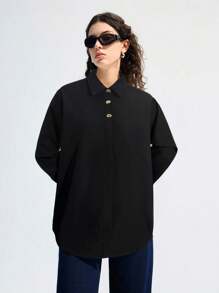 LYSMO Camisa negra holgada de manga larga con diseño de botones para mujer - Negro - Ver 3