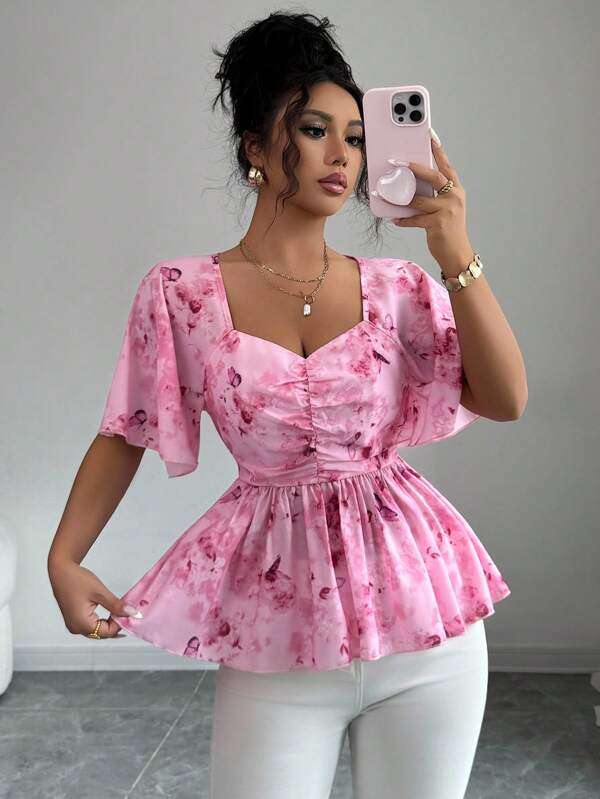 Elenzga Bluză elegantă pentru femei, stil vintage, romantic, de vacanță, casual, confortabilă, cu decolteu în V, talie cu volane, tiv peplum, din șifon cu imprimeu (imprimare aleatorie)