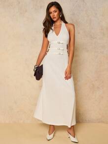 COSMINA Vestido largo tejido con botones y calado elegante para mujer, adecuado para vacaciones, primavera/verano - Albaricoque - Ver 3