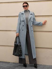 CLARA VERO 大码女式插肩袖长款羊毛大衣，带口袋和腰带，秋冬 - 灰色 - 查看 7