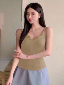 DAZY 女士夏季休闲纯色蕾丝花边吊带背心 - 卡其色 - 查看 4