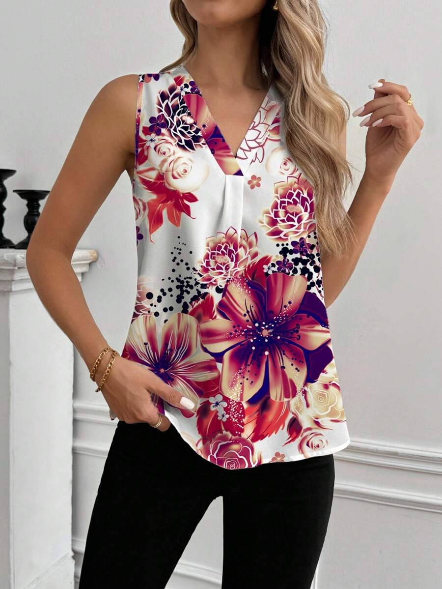 Shutterstock Glamance Damen Ärmellose Lässig Bluse mit Blume Muster V-Ausschnitt, Blumen Tops für Damen, Ärmellose Tops mit Blumen, Ärmellose Bluse, Sommer Tops für Damen, Lässig Sommer Tops