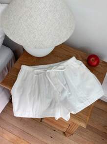 Comfortcana Women Casual Loose Drawstring Solid Color Shorts, Versatile For Everyday Wear White Linen Shorts
