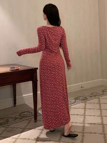 DAZY Long Ditsy Floral V-Neck Ruched Design Nightgown, Fall Pajama, Winter - Dusty Pink - View 2