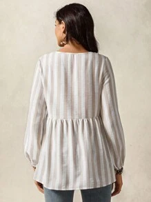 Boho Mama Pregnant Women Striped Front Tie Long Sleeve Ruffle Hem Casual Blouse - Khaki - View 2