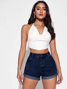 SHEIN EZwear 女士休闲高腰口袋卷边百搭牛仔短裤 - 深色水洗藍 - 查看 5