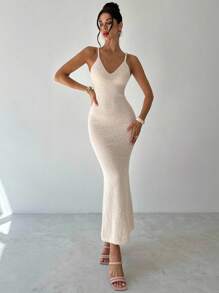 Firerie Robe longue en tricot coupe slim ajustée, à col en V profond et dos nu, couleur abricot, robe pull pour le printemps/été, robe de vacances sexy