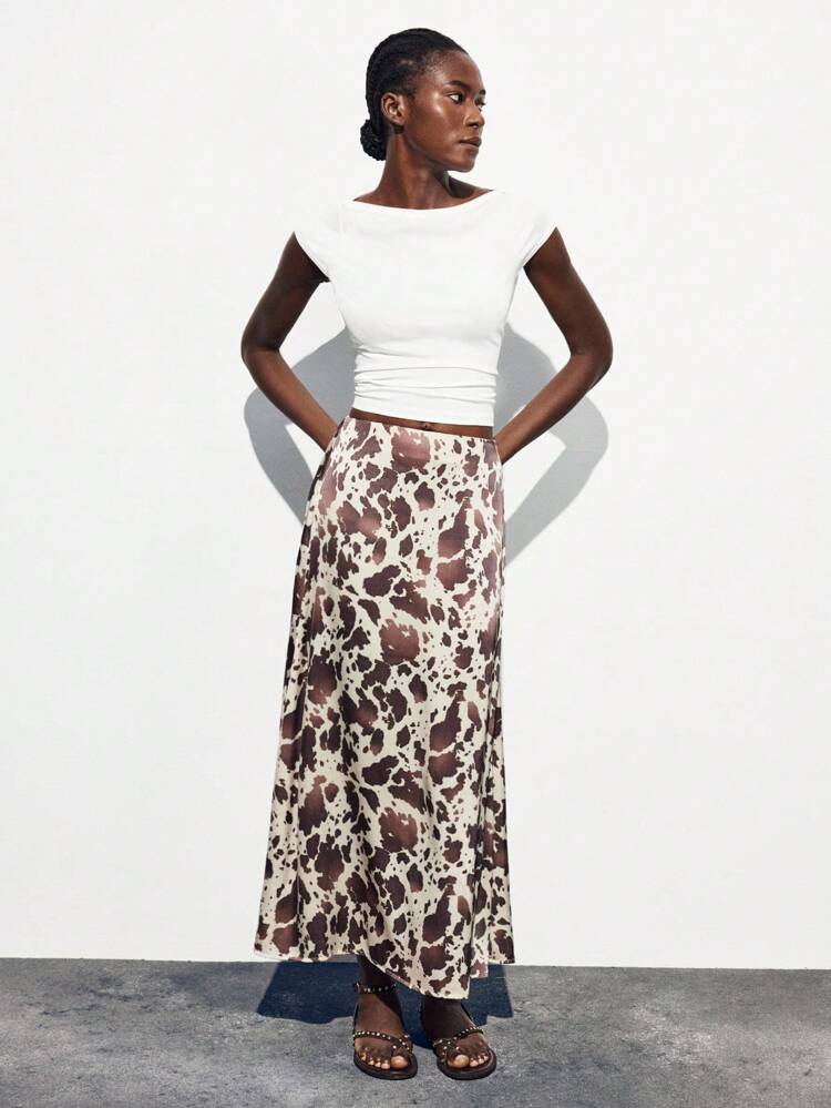 SHEIN Maija Outfit Deas For Skirt,Women's Elegant Fashionable Full-Print Skirt Animal Print Resort Wear Cow Print Maxi Skirt Long Skirt Printed Maxi Skirt,Vacation Outfits Women,Summer Holiday Outfits