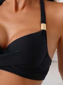 Swim Vcay 1 件女士沙滩装露背系带纯色金属装饰泳衣上衣 - 黑色 - 查看 4