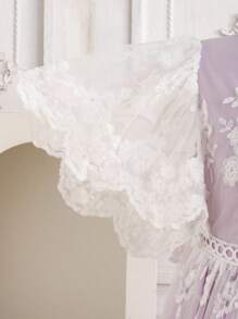 SHEIN 青少年女孩编织网眼刺绣蕾丝花边褶饰荷叶边短袖松紧腰优雅花卉印花 A 字裙，公主裙，适合派对、舞会、节日聚会、春季旅行、花童裙 - 淡紫色 - 查看 7