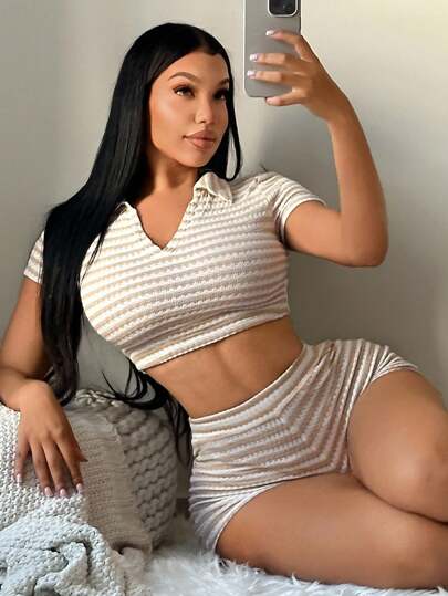 SHEIN SXY Women's Sexy Casual Apricot White Crochet Striped Summer Set, Suitable For Daily Outing, Island Vacation, And Relaxing At Home Striped Two Piece Set Summer Two Piece Set Knit Two Piece Set Cute Two Piece Set