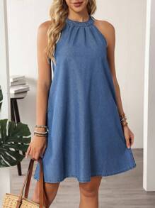 EMERY ROSE 女式度假休闲挂脖牛仔连衣裙 - 藍色 - 查看 5