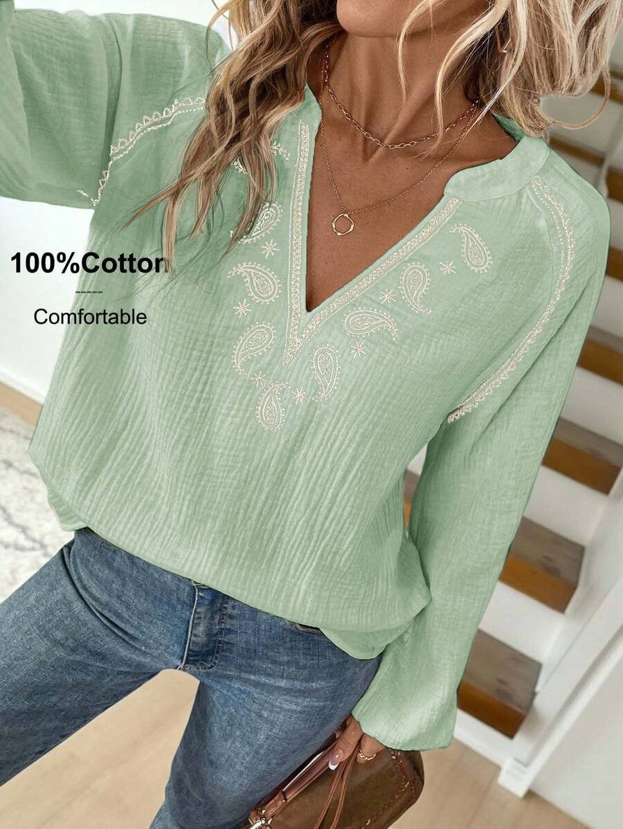 SHEIN LUNE Áo sơ mi trắng dài tay phong cách Bohemian thêu họa tiết Paisley màu tương phản vai trễ - Màu be - Xem 1