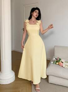 Feyla 女士休闲纯色束腰3D花卉装饰无袖连衣裙 - 黃色 - 查看 3