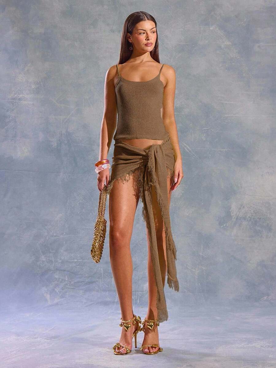 MUSERA 针织系带纱笼裙，适合春季、夏季、伊比沙岛、Y2K、酷女孩、音乐节、锐舞派对、度假、夜店、可爱冬季约会之夜派对等场合。 - 棕色 - 查看 1