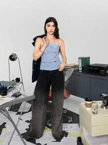 SHEIN X ELOISA & ORSON COSMINA 女式前扣口袋毛边下摆休闲牛仔裤