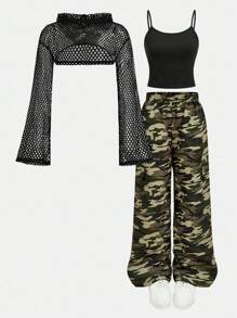 SHEIN Girlism 3 件套青少年女孩连帽网眼短款上衣、吊带背心和迷彩工装裤，休闲街头风格服装，秋季 - 彩色 - 查看 14
