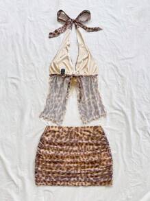 SHEIN x Eduarda Gutierrez Soleia Multicolor Animal Print Two-Piece Outfit With Halter Top And Ruched Skirt Leopard Print Two Piece Leopard Skirt Set - Multicolor - View 2