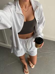 Livesso 2pcs/Set Women Loose Knit Cardigan And Shorts,Fall Women Clothes Lounge Sets For Women School - Grey - View 1