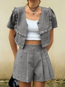 Jouncy 2 件套女士时尚西装外套套装，高端学院风，夏季 - 深灰色 - 查看 3