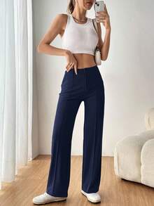 SHEIN EZwear Women's Simple Casual Navy Blue Suit Pants In Fall/Winter - Navy Blue - View 5