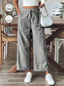 LanaWest 女士條紋直筒休閒長褲，適用於日常穿著