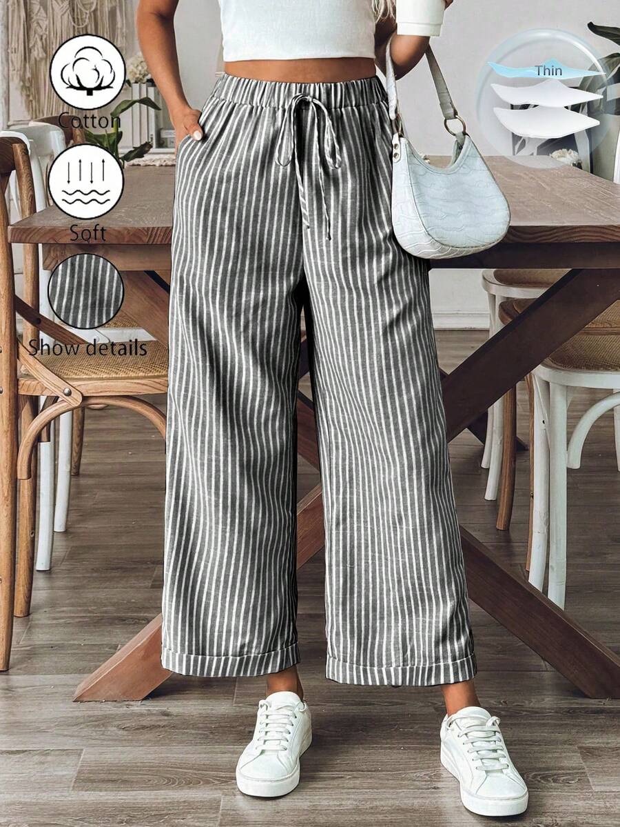 Breezaya Women's Casual Striped Straight-Leg Pants For Daily Wear Fall Cloth For Women - Black and White - View 1