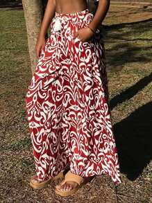 DAZY 波西米亚风印花高腰抽绳宽松阔腿裤休闲运动裤轻薄夏季 - 酒紅色 - 查看 2