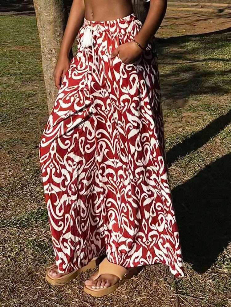 Bohemian Style Printed High Waist Drawstring Loose Wide Leg Pants, Casual Sweatpants, Lightweight Summer