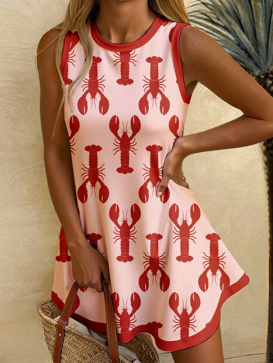 SHEIN EZwear Women's Casual Minimalist Vacation Red Lobster Pattern Short Dress, Suitable For Summer Vacation Dress Chic Dress - Multicolor - View 1