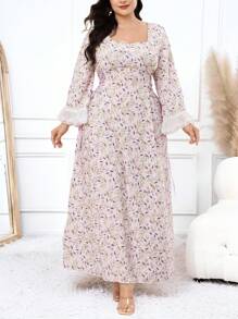 Al Najma Plus Size Vintage Elegant Contrast Color Tie-Up Women Arabic Style Long Dress - Multicolor - View 3
