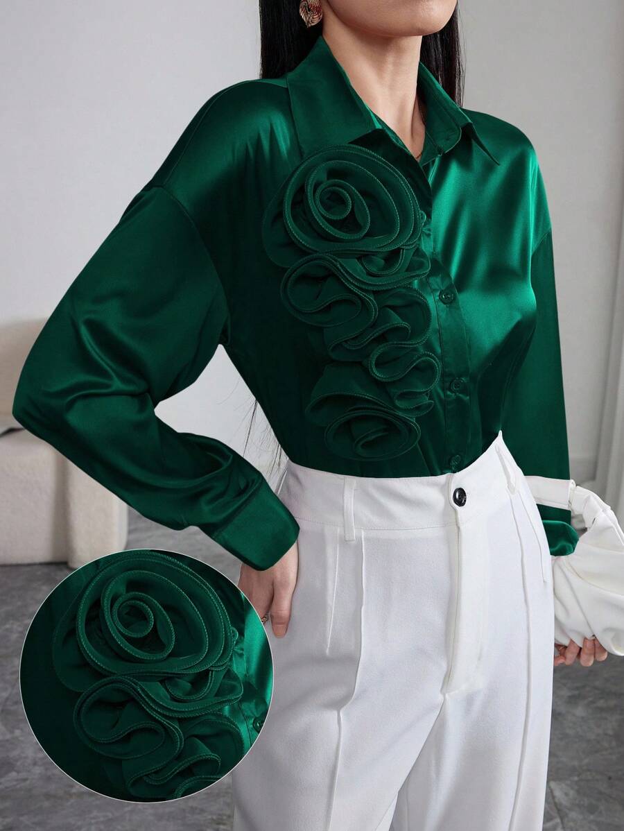 Modelyn Tricou elegant pentru femei, cu mânecă lungă, cu decor floral 3D, croială lejeră, cu umeri căzuți, design simplu, potrivit pentru primăvară și toamnă - Verde inchis - Vizualizare 1