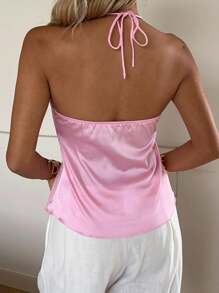 SHEIN EZwear Women's Satin Ruched Bust Halter Neck Top, Pink Top Women