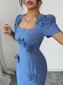 Elenzga Women's Solid Color 3D Floral Decor Square Neck Short Sleeve Slim Fit Elegant Mid-Calf Dress - Blue - View 4