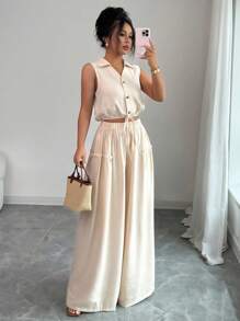 SHEIN PETITE 1 Set Women's Casual/Commuting Textured Apricot Collared Sleeveless Belted Shirt + Women's Casual/Commuting Textured Apricot Ruffled Faux Pocket Wide-Leg Pants, Spring/Summer